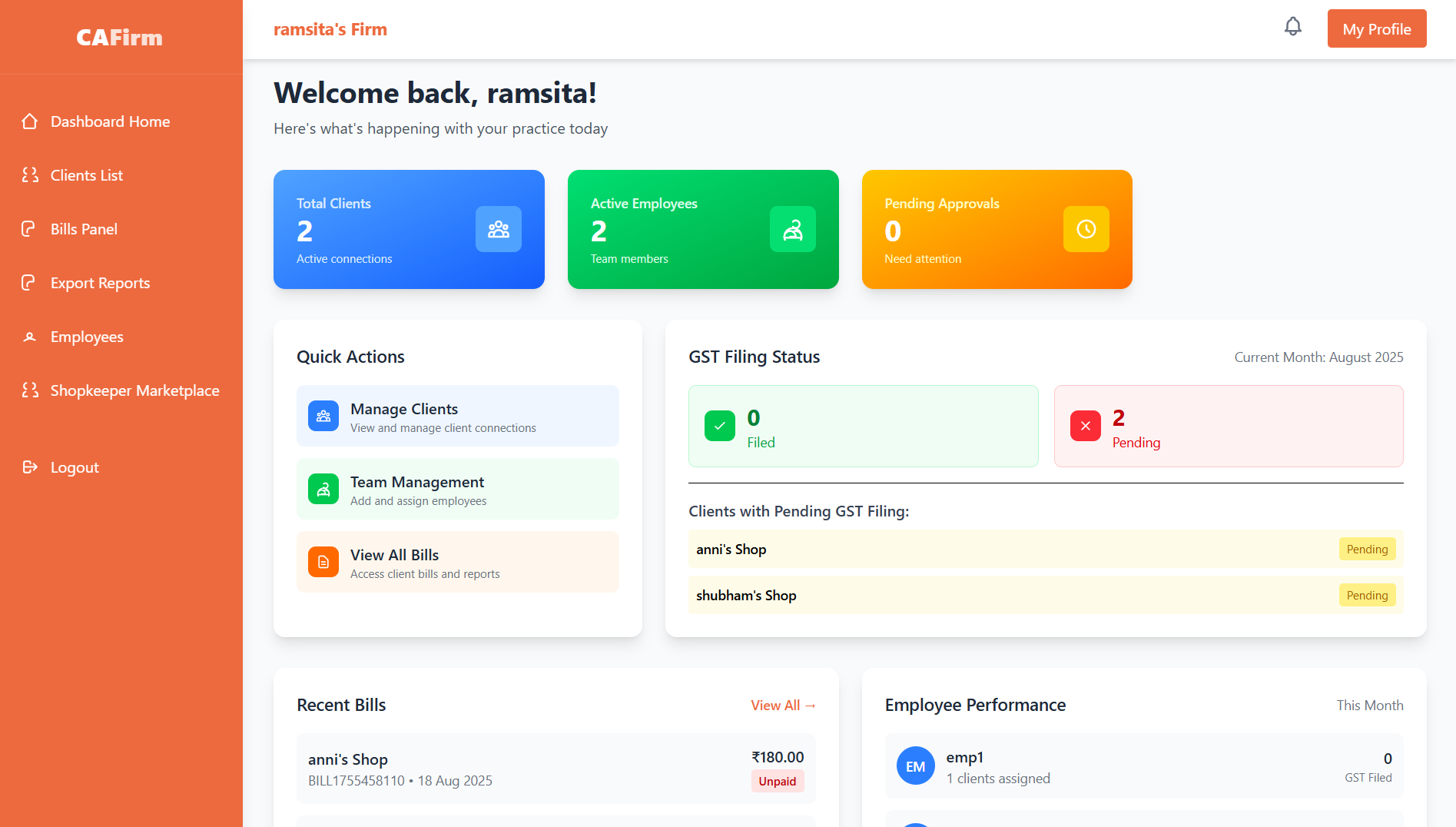 MyBillingApp Dashboard